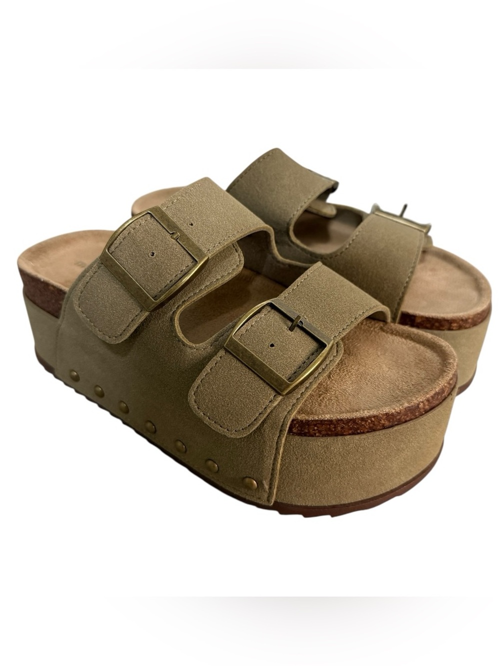 Madden Girl Double Buckle Platform Slide Sandals Taupe Women’s Size 6